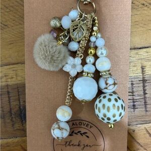 White and Gold Beaded Charm Keychain handmade/EAlovey